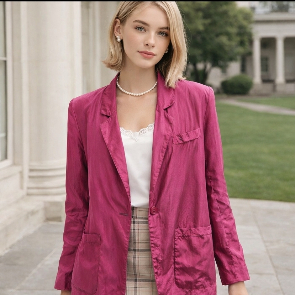 Vintage Richard Lang Silk Blazer Womens M Pink One Button Front Boho Old Money